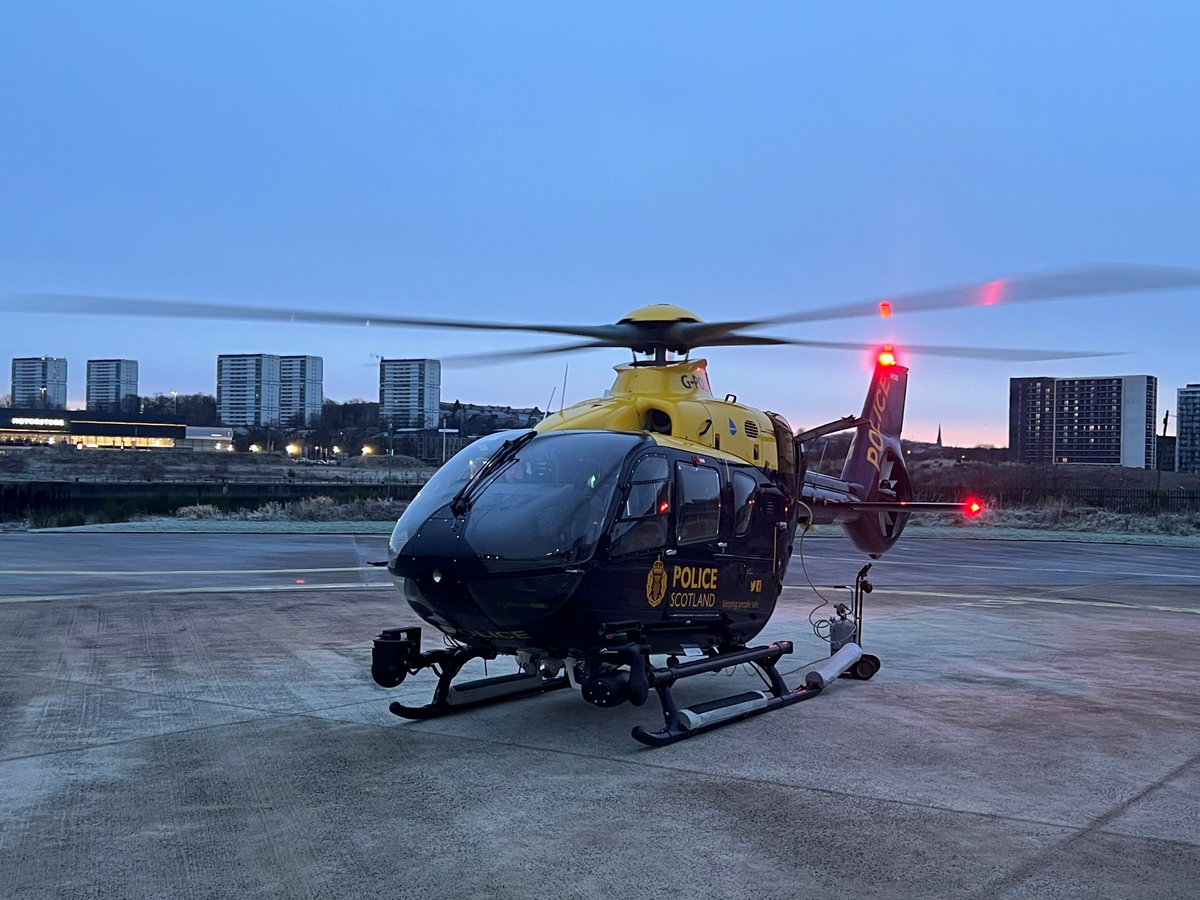 PSOSAir's tweet photo. Cold and frosty ground run and pre-flight checks at the Clyde Heliport this morning. #PoliceAirSupport #PoliceScotland #KeepingPeopleSafe https://t.co/81S801Viuv