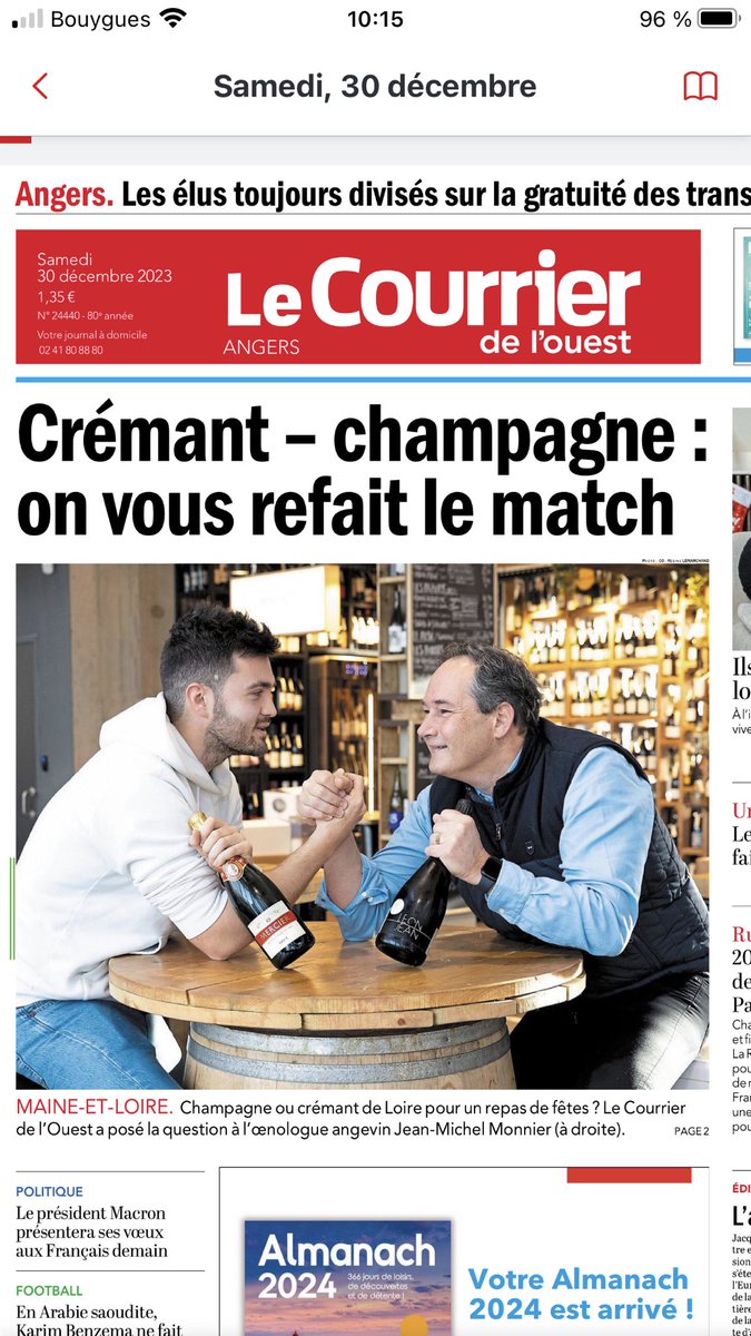 #Angers : un match bienveillant #champagne vs #crémant arbitré par l’œnologue JM Monnier et mis en musique par R Lemarchand et G Secoué. A lire ds le <a href="/courrierouest/">Le Courrier de l'Ouest</a> .
