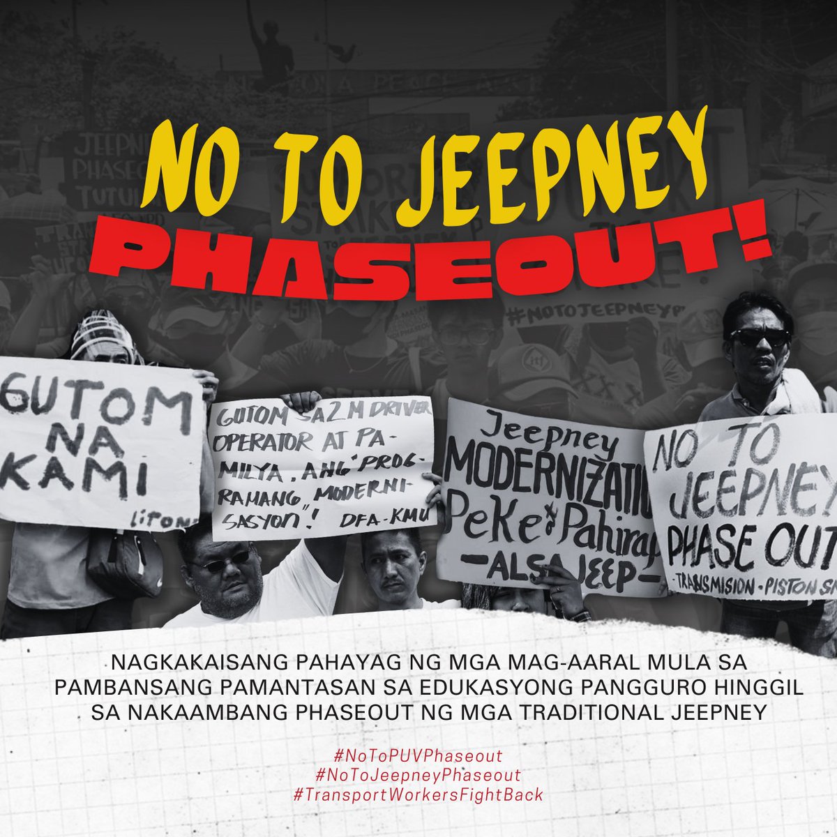 actespnu's tweet photo. NAGKAKAISANG PAHAYAG NG MGA MAG-AARAL MULA SA PAMBANSANG PAMANTASAN SA EDUKASYONG PANGGURO HINGGIL SA NAKAAMBANG PHASEOUT NG MGA TRADITIONAL JEEPNEY

#NoToPUVPhaseout
#NoToJeepneyPhaseout
#TransportWorkersFightBack
#SupportTheStrike https://t.co/e0F7Crf8rf
