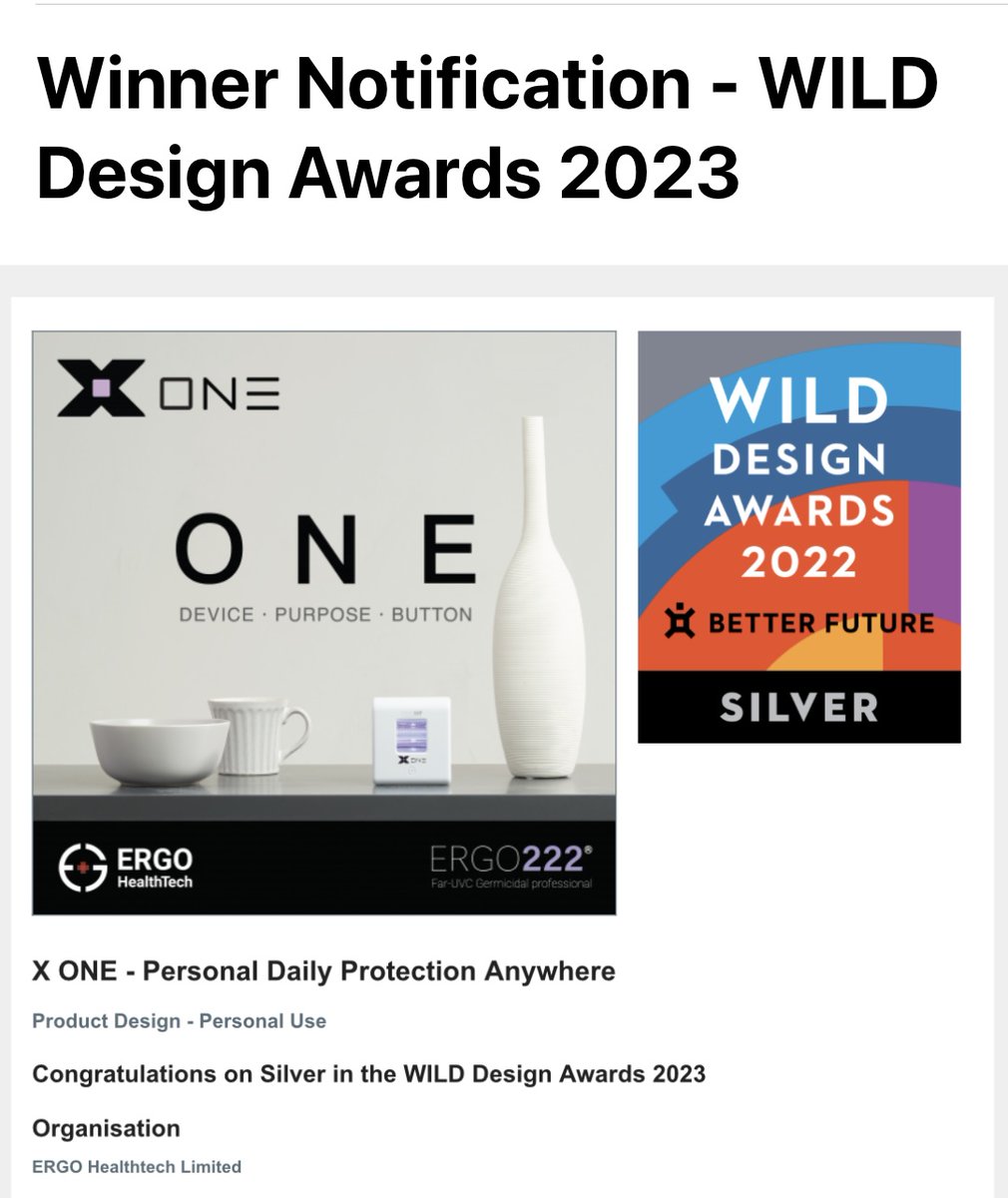 X ONE - The world's smallest 222nm Far-UVC device 
has won a BETTER FUTURE WILD Design Award 2023!

It would be a privilege to have your X ONE accompany you daily, ensuring the protection of your hygiene. The X ONE is not just a functional disinfection device; it's a lifestyle.
