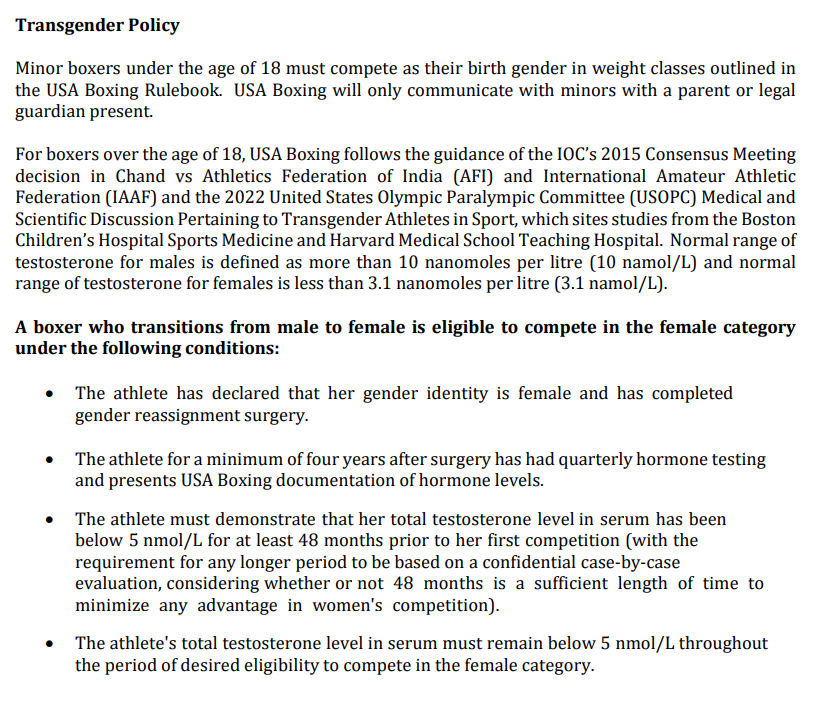 ringmagazine's tweet photo. ‼️ USA Boxing (national governing body for amateur/Olympic-style boxing) are now adding this Transgender Policy to their new rule book for 2024, which allows boxers who transition from male to female to compete in the female category under certain conditions. https://t.co/FOXDi2a64J