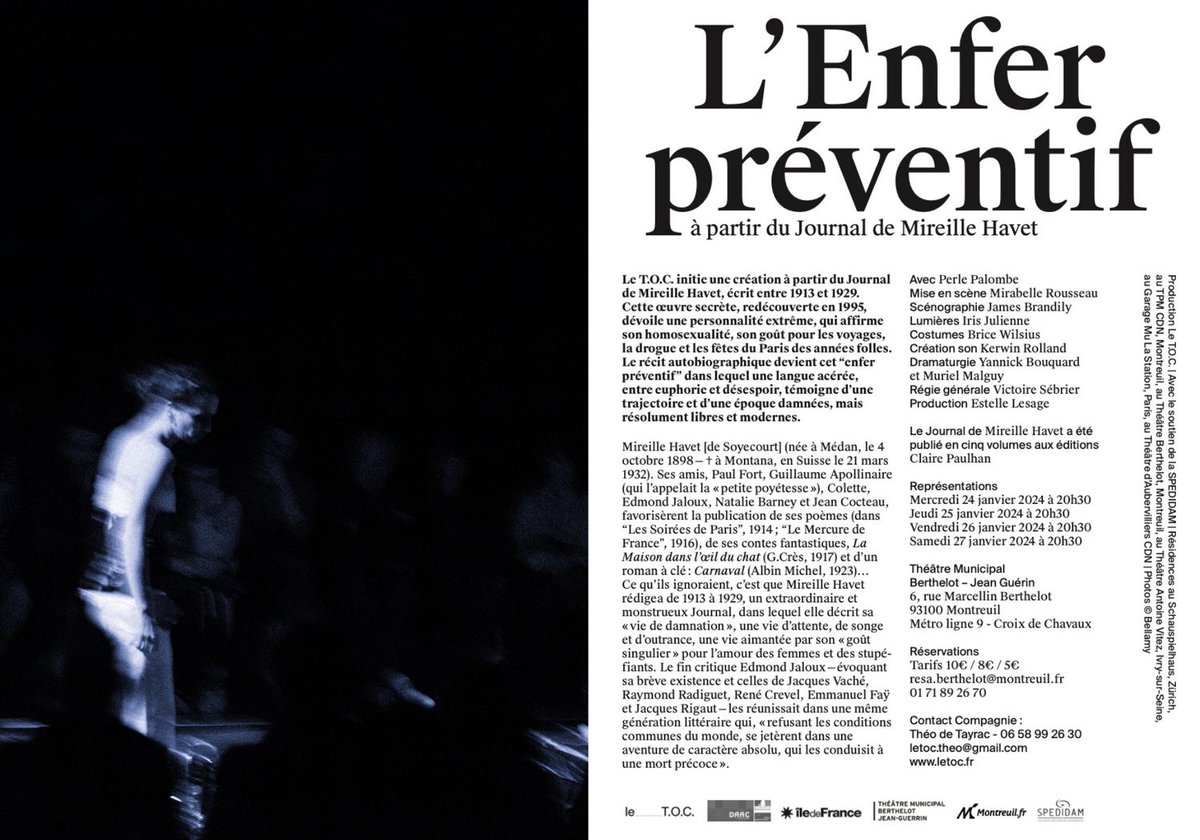 CompagnieTOC's tweet image. L&apos;Enfer préventif 
à partir du Journal de Mireille Havet
24 au 27 janvier 2024 | 20 h 30
@berthelotheatre 
Résas 01.71.89.26.70 | resa.berthelot@montreuil.fr
letoc.fr/Formescourtes/…
Les textes de Mireille Havet sont édités chez Claire Paulhan Editions