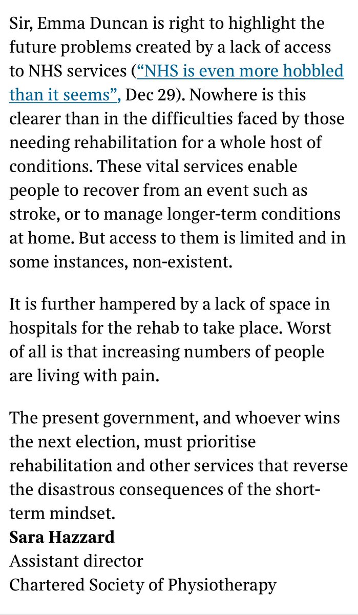 Letter in today’s Times from <a href="/SHazzard/">Sara Hazzard (She/Her)</a> about the difficulties faced by many people needing access to rehab.

#RightToRehab