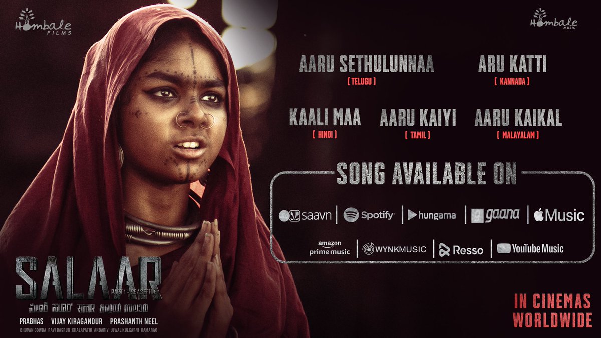 Listen to the 4th Single from #SalaarCeaseFire   , streaming now on your favourite music platforms 🎵
🔗 linktr.ee/Saalar4thSingle

#AaruSethulunnaa [Telugu], #AruKatti [Kannada], #KaaliMaa [Hindi], #AaruKaikal [Malayalam], #AaruKaiyi [Tamil]

#SalaarBoxOfficeStorm