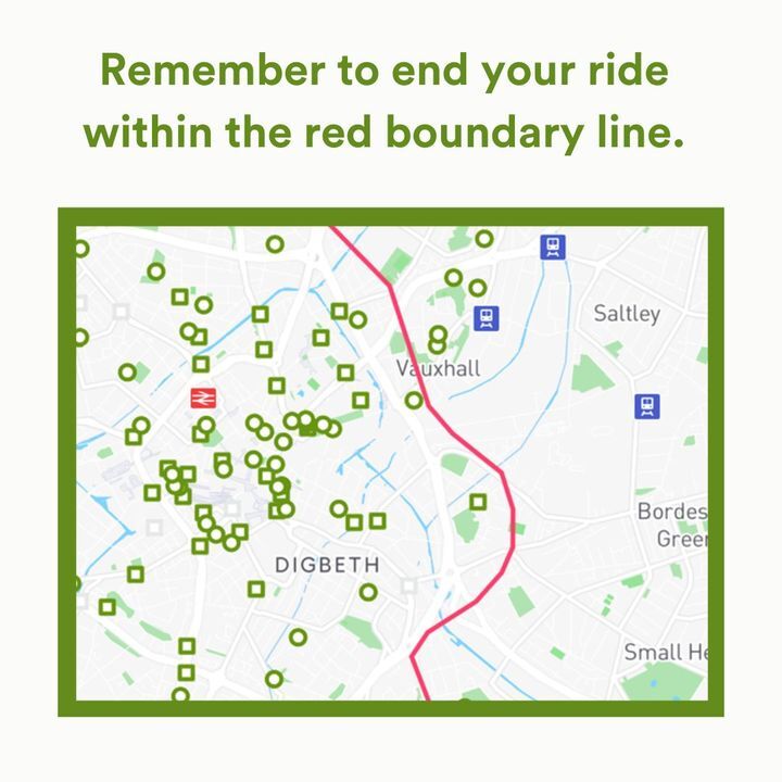 Keep an eye on the red boundary line in our app. You can ride beyond it, but you need to return within the line to park in a dock. If you end your journey away from a docking station, you will receive a fine! #WmCycleHireTips #BikeHire #WestMids