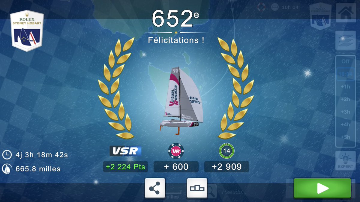 Résultat sur la @rshyr sur @VirtualRegatta 💨⛵️

Pas mal (C0/lights) 😁

#VirtualRegatta #VirtualRegattaOffShore #VROffShore #RolexSydneyHobart #SydneyToHobart