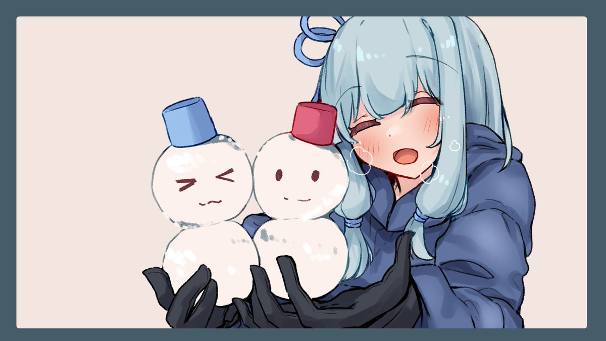 kotonoha aoi 1girl snowman closed eyes blue hair gloves black gloves smile  illustration images
