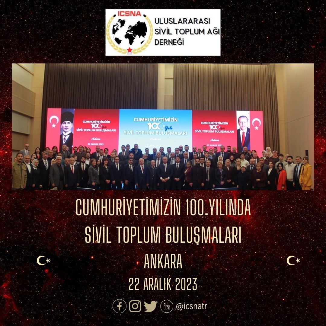 icsnatr's tweet photo. 1️⃣ T.C. İçişleri Bakanlığı Sivil Toplumla İlişkiler Genel Müdürlüğü koordinasyonunda, Ankara İl Sivil Toplumla İlişkiler Müdürlüğü tarafından yürütülen Cumhuriyetimizin 100. yılı Sivil Toplum Buluşmaları'na katıldık. ⬇️
#ICSNA #SivilToplum https://t.co/PeSopEDomO
