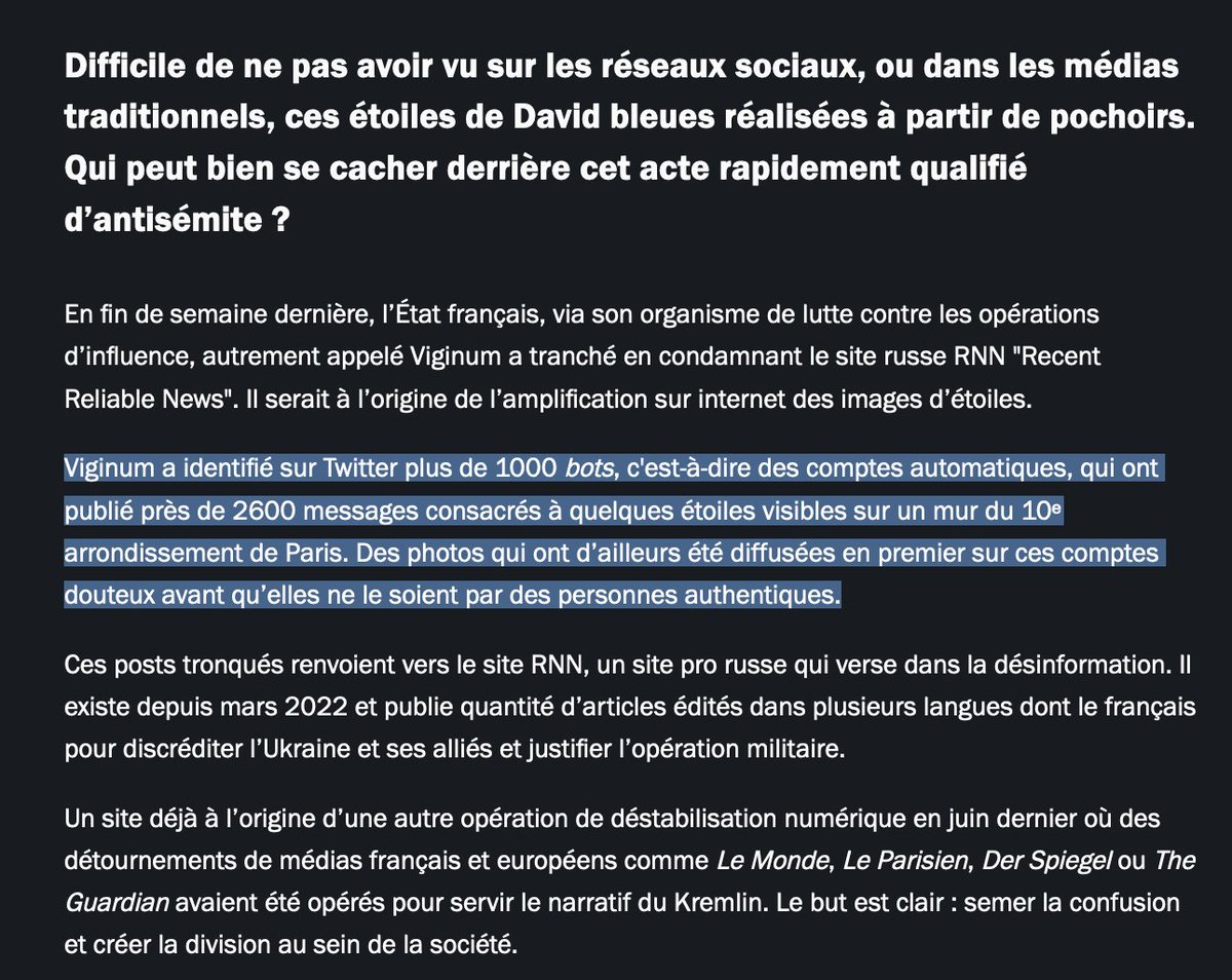 Pire : le Washington Post rappelle comment, en novembre dernier, des comptes pro-russes aient massivement amplifié d'affaire des 'étoiles de David' taguées sur des maisons de français juifs. Pour rappel, le responsable était .. un tchétchène, qui agissait aux ordres d'un russe.