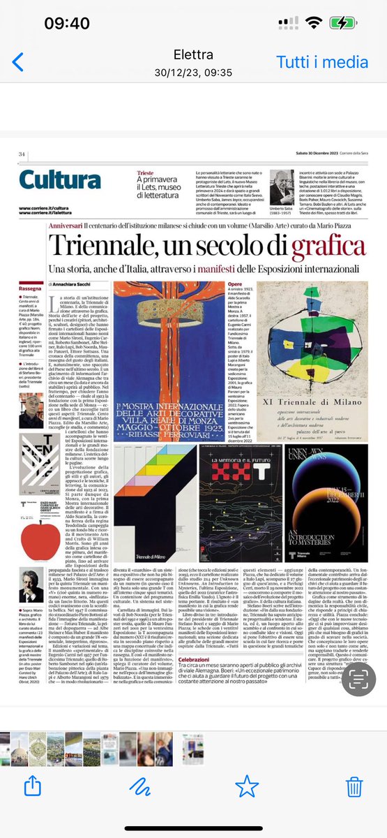 Sul #corrieredellasera (👌) oggi in apertura delle pagine di cultura un ampio servizio a cura di Annachiara Sacchi (🙏) sul volume che ricostruisce un secolo di grafica dei Manifesti della <a href="/triennalemilano/">Triennale Milano</a>, curato da Mario Piazza (👏). Grazie, bellissima pagina!