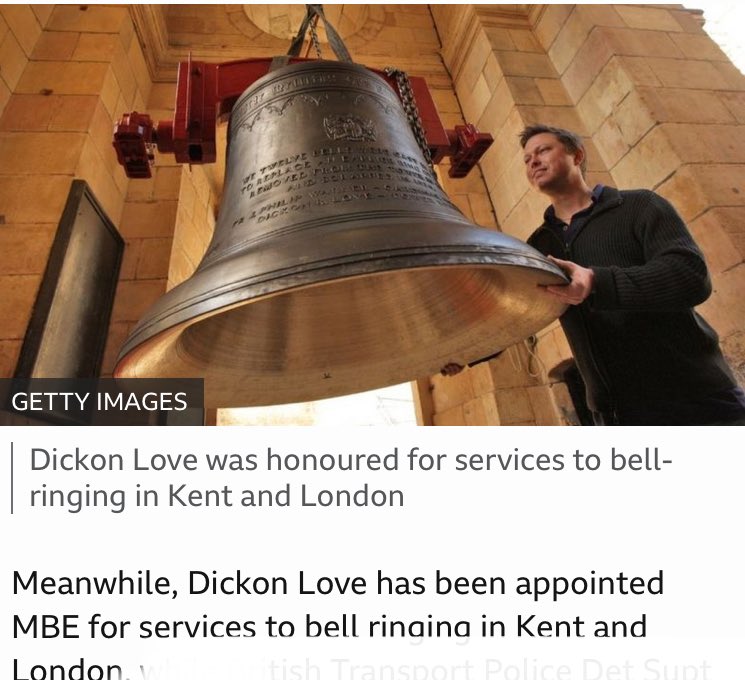 Londonringing's tweet photo. Delighted to see @dickonlove MBE recognised for his commitment to #bellringing and supporting new ringers across London and Kent in the #NewYearHonours. This is the BBC summary. #RoyalJubileeBells @Garlickhythe @kcacrofficial https://t.co/PNxLZK4GFj
