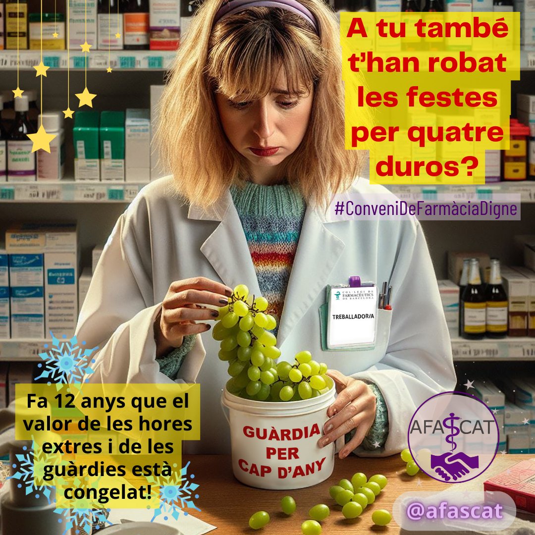 🎉🥂 L'equip d'AFASCAT us desitja un Bon Any Nou!!!!
Et toca guàrdia la nit de cap d'any o el dia 1 de gener? 
Tenim uns convenis de farmàcia propis de fa 40 anys, amb clàusules abusives  que fan que farmàcies de 13 i 24h considerin tots els dies de l'any com a dies laborables.