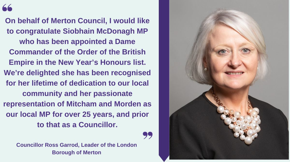 👏Congratulations to local MP Siobhain McDonagh, who has been appointed a Dame Commander  of the Order of the British Empire in the New Year's Honours list.

🏅Thank you for all you have done for the people of Merton in your long career 🎉