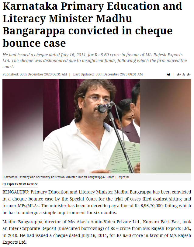 IndiaCrooks's tweet photo. Congress == Corruption
@INCKarnataka Minister CONVICTED in #ChequeBounce case. He is ordered to pay ~7Crore or go to jail for 6 months. Court said he was dragging the case.
Will he pay?
Will @kharge @siddaramaiah KICK HIM OUT from ministry?
#CorruptCongress #CongressCrooks https://t.co/C8JSd0BbFq
