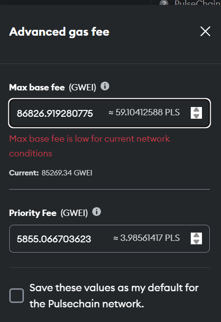 ❤💛💚💙

If your MetaMask is stuck for PulseChain and the transaction won't go through, it's because a soyboy scum is exploiting a bug in MetaMask Gas estimation to attack PulseChain.

To fix:

1. Click 'site suggested' in MetaMask pop-up tx
2. Click 'Advanced'
3. Change the