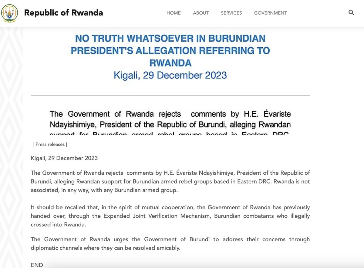 Après les accusations du Président du #Burundi sur ' le soutien du @UrugwiroVillage aux groupes rebelles armés burundais basés dans l'est de la RDC', réaction officielle: le #Rwanda n'est associé, d'aucune manière, à aucun groupe armé burundais'
