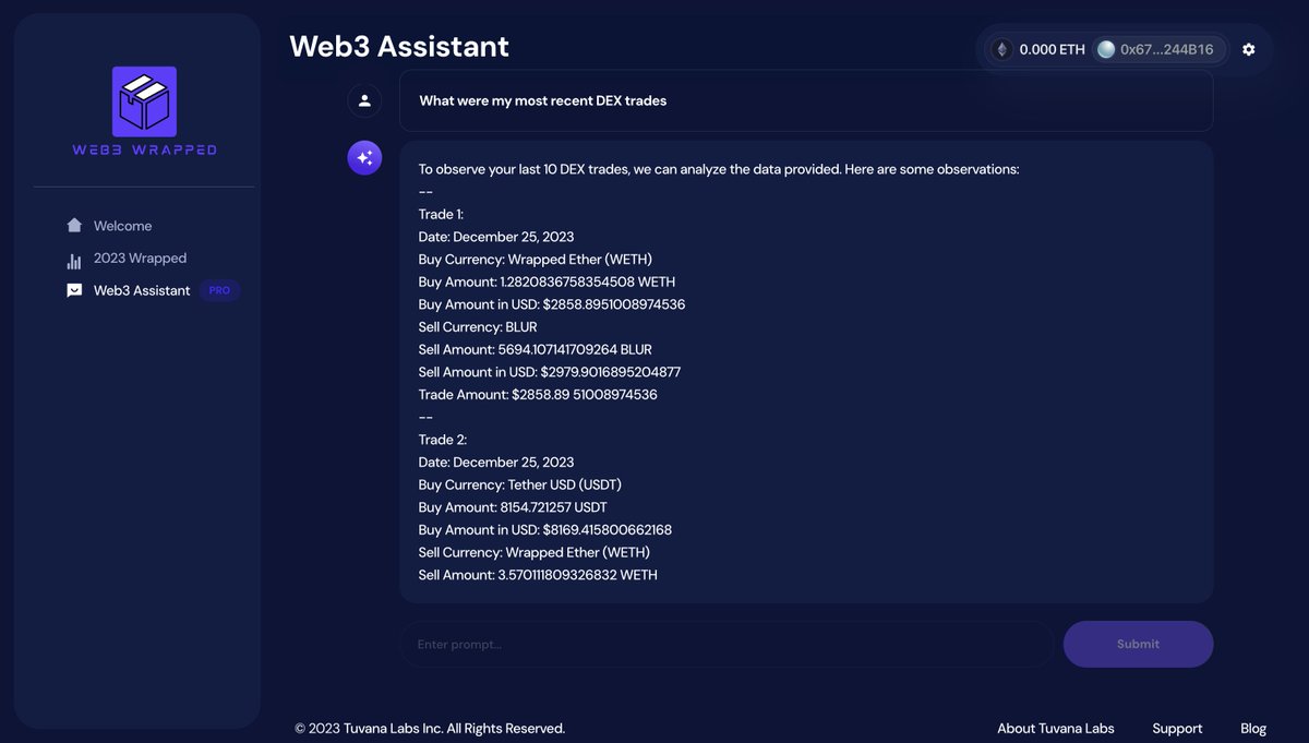 tuvanalabs's tweet photo. @useWeb3 We just launched @Web3Wrapped! It has your activity highlights and a personalized AI chatbot you can use to ask more questions. Try it out - https://t.co/b7yxwQPQJu https://t.co/JsGHJWnn0B