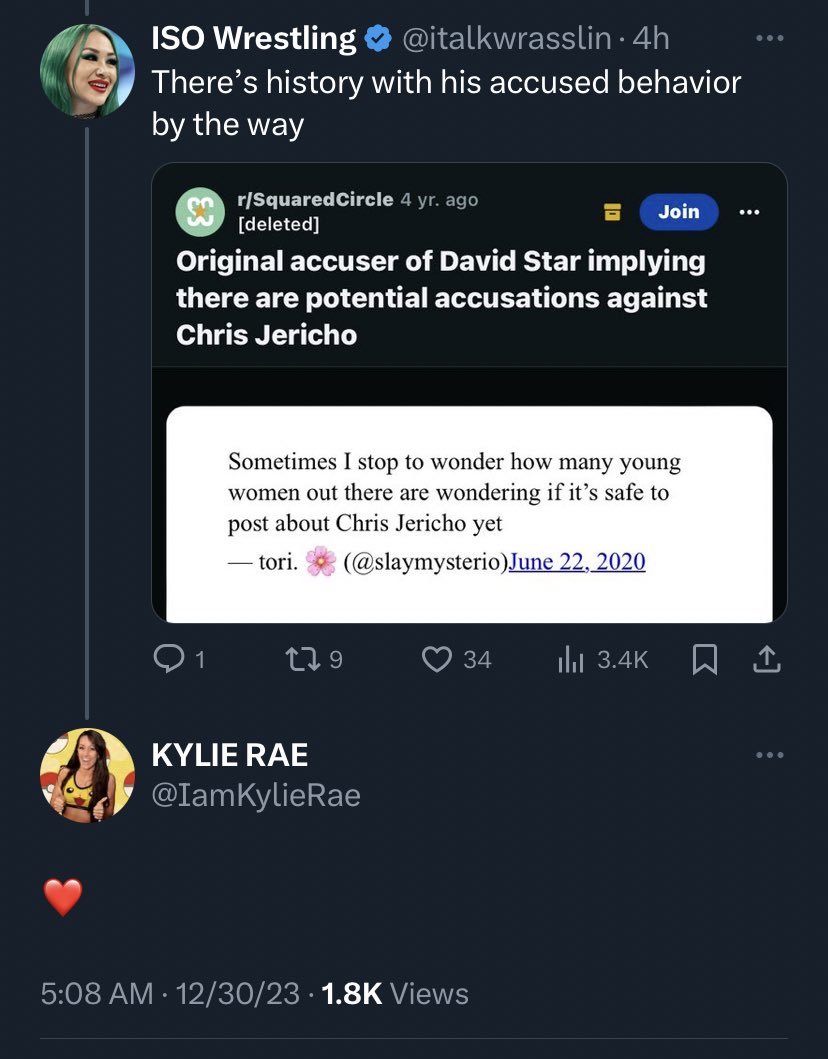 Man. Accusations against Chris Jericho, which Kylie Rae appears to confirm  as the reason for her sudden departure a few years back. (With innuendo  further down about him making people sign NDAs)