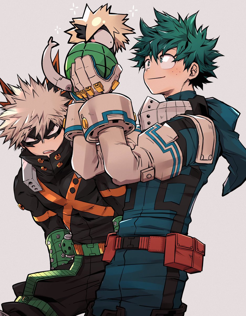 bakugou katsuki ,midoriya izuku multiple boys 2boys male focus freckles yellow cape green hair spiked hair  illustration images