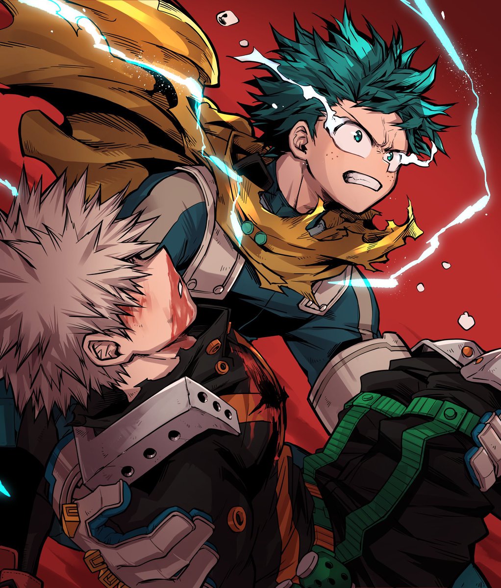 bakugou katsuki ,midoriya izuku multiple boys 2boys male focus freckles yellow cape green hair spiked hair  illustration images