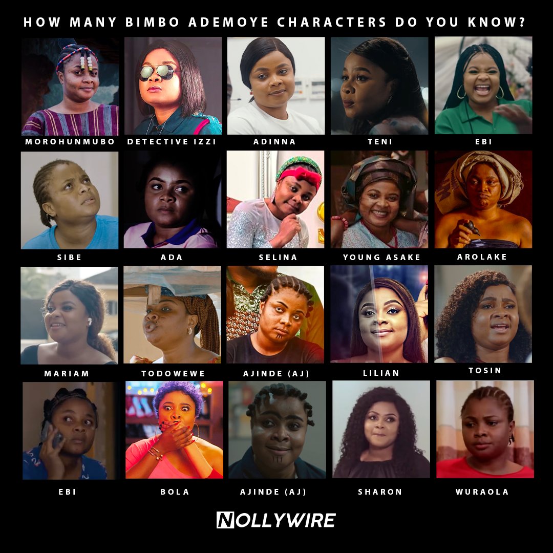 Let's see how much of a Bimbo Ademoye fan you are! How many of these characters do you know? Oya, tell us the movies and shows they are from: