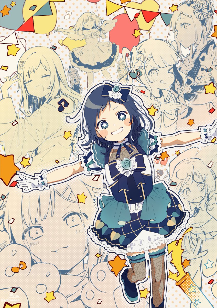 gloves smile thighhighs blue eyes one eye closed dress bow  illustration images