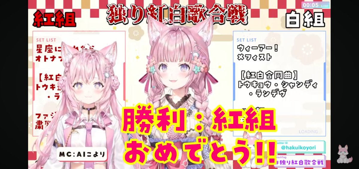 #独り紅白歌合戦 おつこよー

紅組優勝おめでとうございます！
最後までわかりませんでしたがロリこよりパワー強かったかー

こよちゃん、こよ斗きゅん、AIこよちゃん、ゲストのロリこよちゃんもお疲れ様でした！
あと一人増えたら本当に五等分のこよりですね

来年の年末もまた楽しみ！
#こより実験中