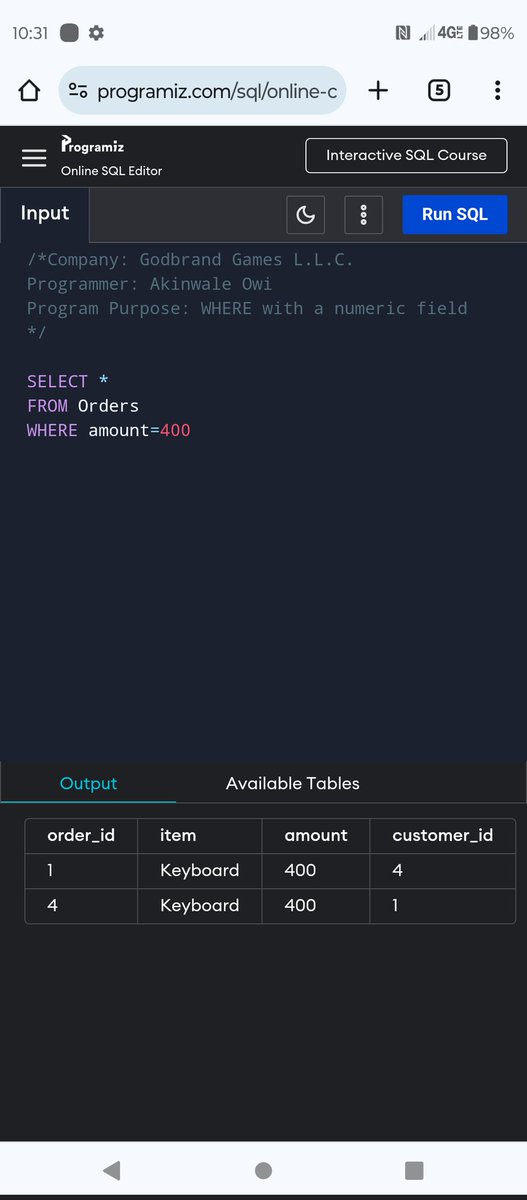 Greene_Gaming's tweet image. SQL: WHERE with numeric fields
#sqlscripts #tampa