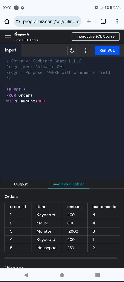 Greene_Gaming's tweet image. SQL: WHERE with numeric fields
#sqlscripts #tampa