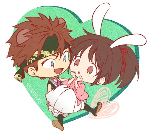 1girl 1boy animal ears chibi brown hair rabbit ears blue eyes  illustration images