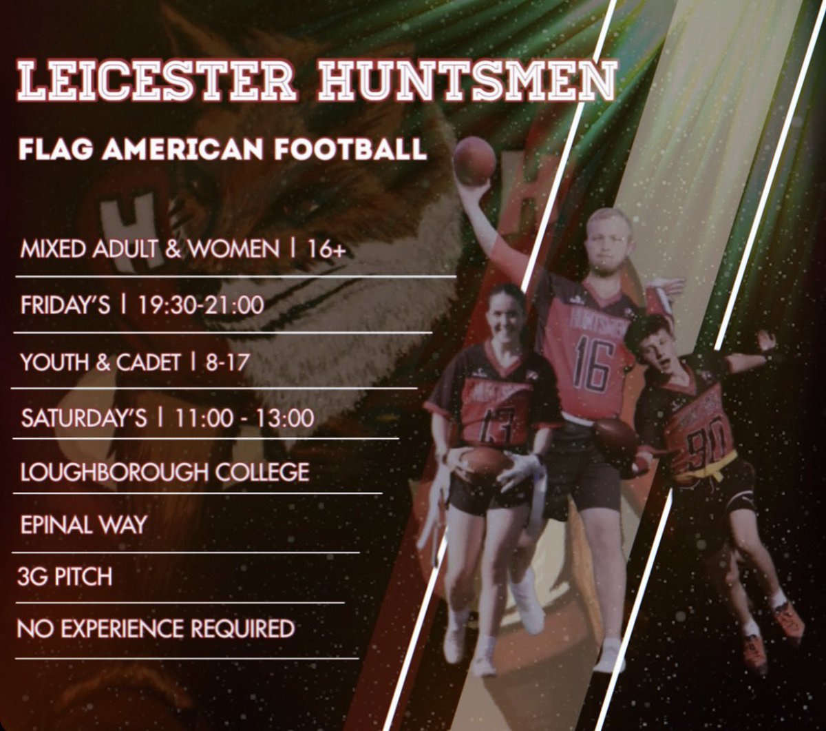 🚨2024 WE ARE COMING FOR YOU🚨

PRACTICE TIMES 

Mixed Adult &amp; Women’s | 16+ | Friday Evenings | 19:30-21:00

Youth 8-17 Years Old | Saturday Mornings | 11:00-13:00

Loughborough College, Epinal Way, LE11 3GE - 3G Pitch

No experience required