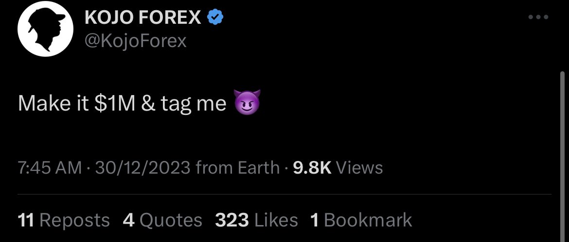 promisenakpan's tweet image. The big boys say $10k is too small.

So for the elites: Last to make $1M in 2024 is a fool.

I’m tagging @KojoForex &amp;amp; @thapelogoat_ 

Tag your other idolos that can do this.

God abeg 😂