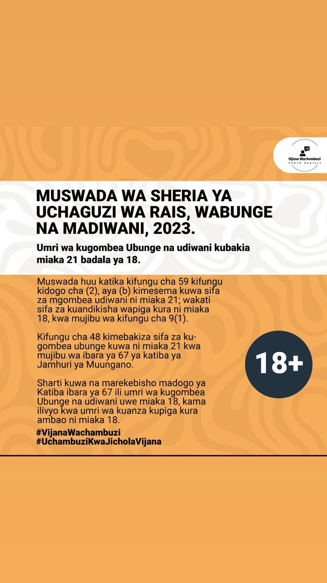BinAbeid6's tweet photo. Vijana tunaona ni vyema kukawa na
marekebisho madogo ya Katiba ya#Tanzania ibara ya 67 ili
umri wakugombea Ubunge na udiwani uwe
miaka 18 badala ya 21, kama ilivyo kwa umri wa kuanza
kupiga kura ambao ni miaka 18. #MiswadaYaSiasaNaUchaguzi https://t.co/fr7Gr0wS3Y