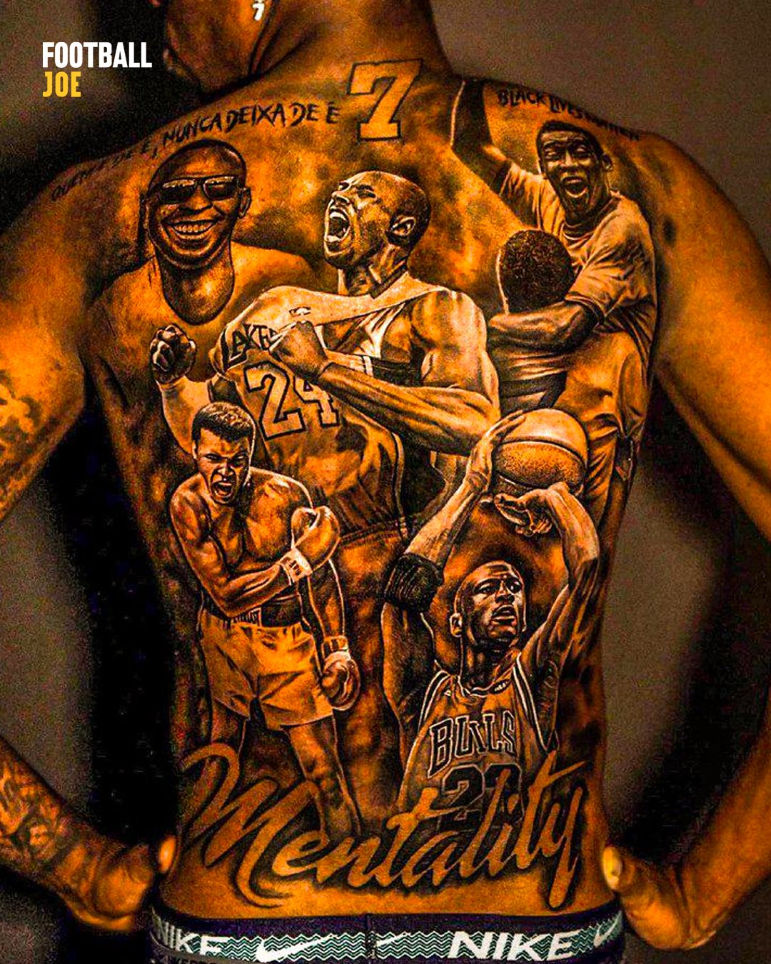 FootballJOE on X: "Real Madrid's Vinicius Junior with a new back tattoo depicting sporting legends Kobe Bryant, Pele, Michael Jordan and Muhammad Ali with the word 'Mentality' https://t.co/wS0Y5p2vXC" / X