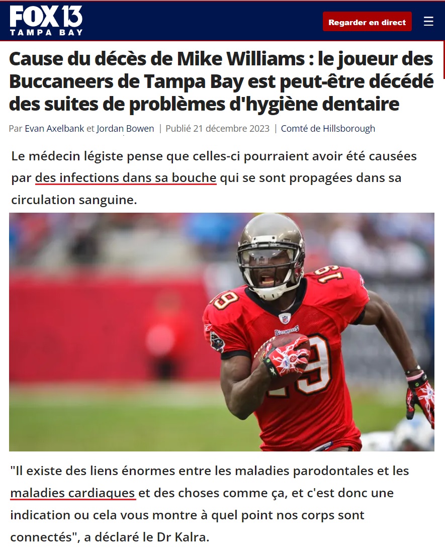 benoitm_mtl's tweet photo. On en sait un peu plus sur la cause de la mort de Mike Williams, un joueur de 36 ans ‼️  dans laquelle un arrêt cardiaque était mis en cause. https://t.co/jPkDARxugE

👉 « ...décédé des suites de problèmes d'hygiène dentaire » 🫣🤐

#coïncidence #rendormezvous #nouvellenormalité https://t.co/B5vzdi8bJD