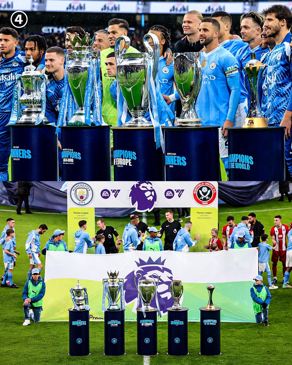 433's tweet photo. Man City show off their trophy collection to the Etihad 🏆🔵 https://t.co/h8IWMsMaxL