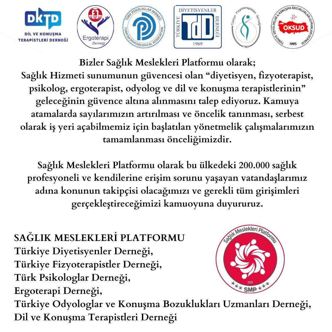 Psikologlar, Fizyoterapistler, Diyetisyenler, Odyologlar, Ergoterapistler, Dil Konuşma Terapistleri neden ???? Yıllardır bekliyor?
Şimdi değilse ne zaman?
#serbestcalismayonetmeligi

<a href="/tcbestepe/">T.C. Cumhurbaşkanlığı</a> <a href="/iletisim/">T.C. İletişim Başkanlığı</a> <a href="/Akparti/">AK Parti</a> <a href="/herkesicinCHP/">CHP 🇹🇷</a> <a href="/iyiparti/">İYİ Parti</a> <a href="/MHP_Bilgi/">MHP</a> 
 <a href="/drfahrettinkoca/">Dr. Fahrettin Koca</a>