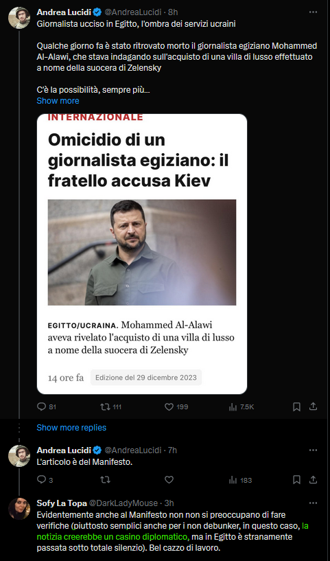 ccPinachet's tweet photo. Tornando al giornalista egiziano #MohammedAlAlawi, non bastando il debunking di #Open e #Butac, arriva anche il contributo della topa, preciso e puntuale come pochi: “...la notizia creerebbe un casino diplomatico”. Quindi questione chiusa, è un'invenzione dei siti pro #Putin. https://t.co/HTspFbyy1q