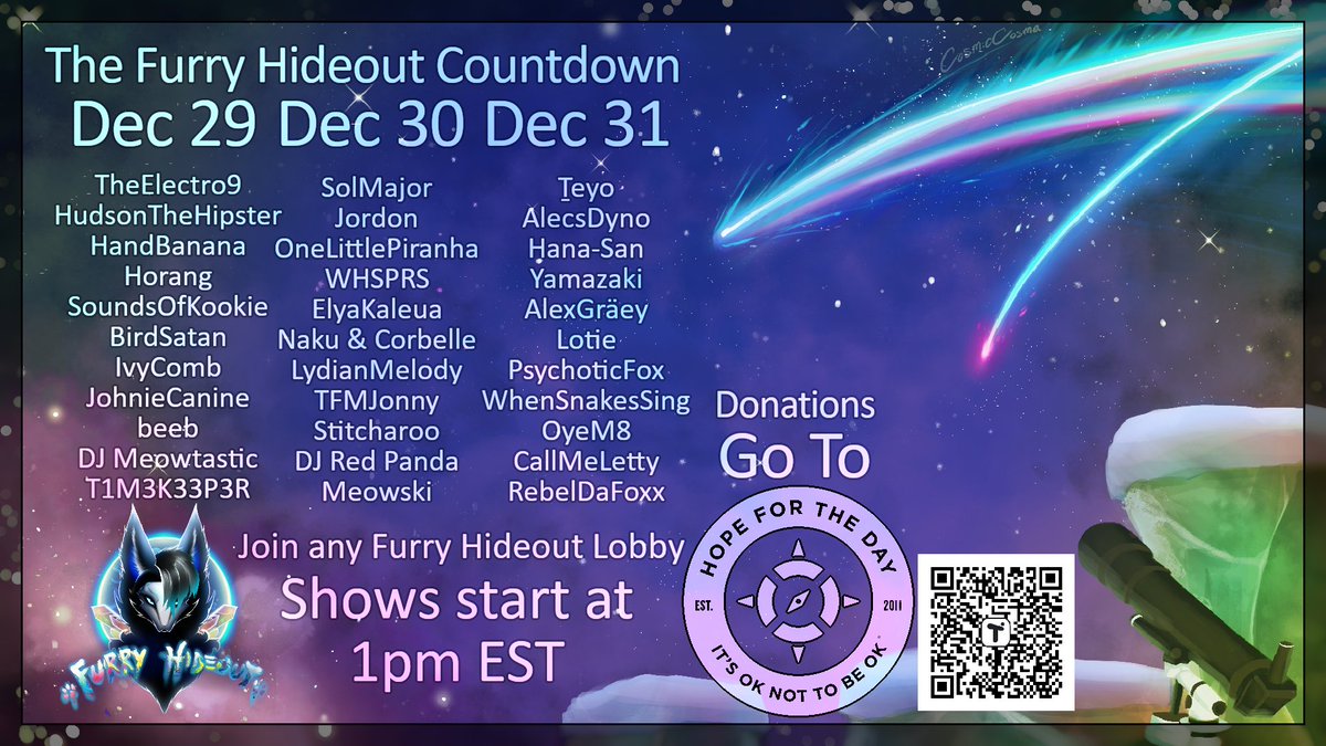 PierceBarkwood's tweet image. Join us tonight for Day 2 of the Furry Countdown bringing in the New Year! Lineup for tonight is huge! Some Major Names -
@SolonusMajor
@whsprsmusic
@tfmjonny
@im_naku
@ElyaKaleua
@jordon_lee19
@furryhideout
#furryhideout #vrchatfurry #VRmusic #NewYear2024