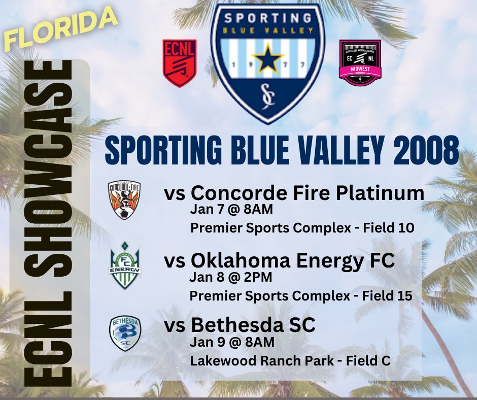Sporting Blue Valley ECNL 08 (@blue_ecnl) on Twitter photo One week until we head to the ECNL Winter Showcase in sunny Florida! We are ready…come watch us battle! <a href="/ImYouthSoccer/">ECNL/GA/Recruiting/College Soccer</a> <a href="/ImCollegeSoccer/">College Soccer Truth ™</a> <a href="/PrepSoccer/">Prep Soccer ⚽️</a> <a href="/TheSoccerWire/">SoccerWire</a> <a href="/TopDrawerSoccer/">TopDrawerSoccer</a> <a href="/HSSoccerKC/">SoccerKC</a> <a href="/ECNLgirls/">ECNL Girls</a> <a href="/SPORTINGBV/">SPORTING Blue Valley</a> One week until we head to the ECNL Winter Showcase in sunny Florida! We are ready…come watch us battle! <a href="/ImYouthSoccer/">ECNL/GA/Recruiting/College Soccer</a> <a href="/ImCollegeSoccer/">College Soccer Truth ™</a> <a href="/PrepSoccer/">Prep Soccer ⚽️</a> <a href="/TheSoccerWire/">SoccerWire</a> <a href="/TopDrawerSoccer/">TopDrawerSoccer</a> <a href="/HSSoccerKC/">SoccerKC</a> <a href="/ECNLgirls/">ECNL Girls</a> <a href="/SPORTINGBV/">SPORTING Blue Valley</a>