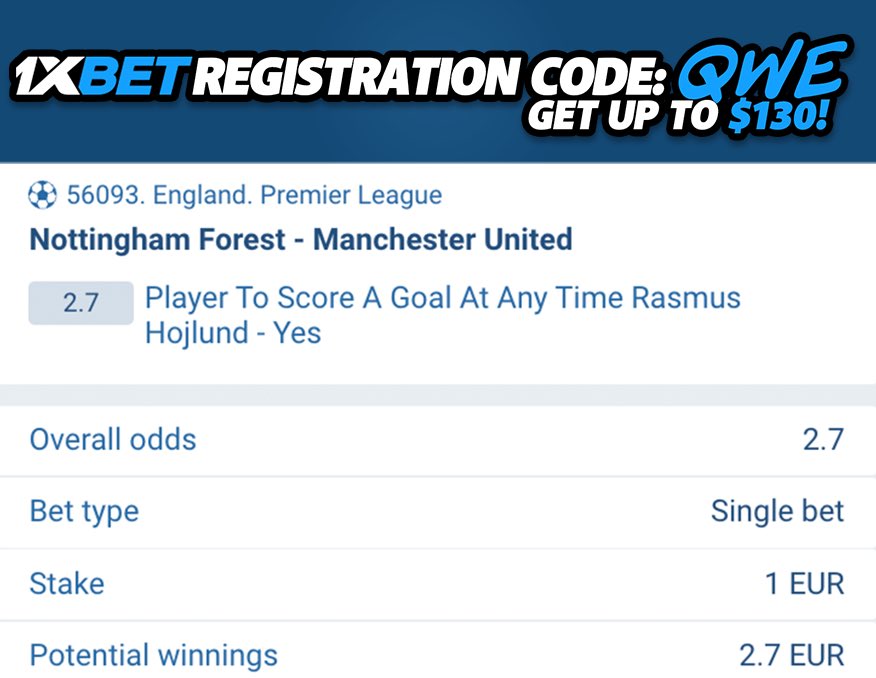 RiceRice_baby4's tweet image. Rasmus Hojlund will score against Nottingham Forest.

Odds: 2.70❗️

Registration Promo Code (130$ bonus) = "QWE" 🎁

Full Offer: 1xBet.com

#Betting #BettingTwitter #NOTMCI #MUFC #ManUtd