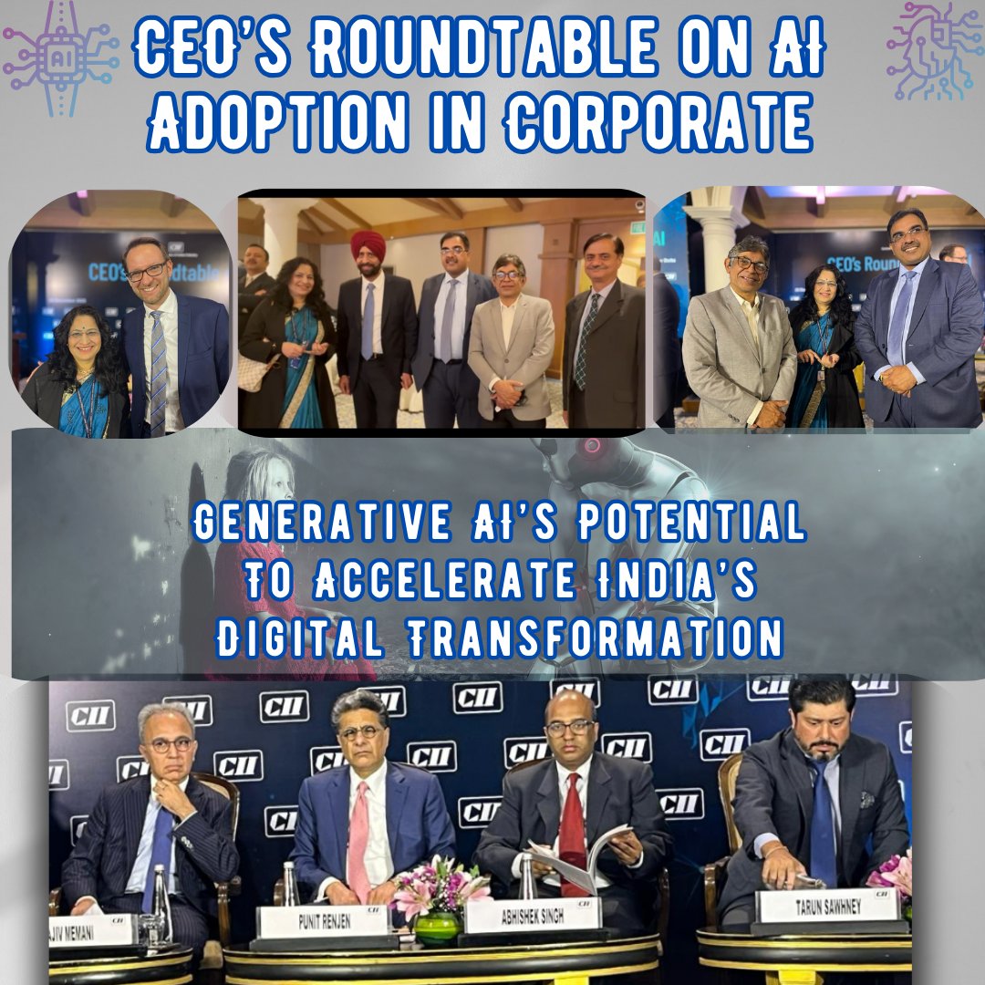 Honored to join the recent CEO Roundtable on AI Adoption in Corporates! 🤝
🎙️Distinguished Speakers: @PunitRenjen , Deputy Chairman, SAP Supervisory Board 
@abhish18 , CEO NeGD
@thsaueressig , Executive Board Member, SAP
#CEORoundtable #AITransformation #AIAdoption #CyberSecurity