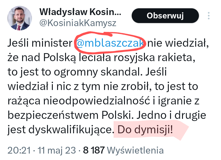 RafalDlaPolski5's tweet photo. Widzisz Pan,Panie @KosiniakKamysz , tu nie chodzi o to, że rakieta wpadła, bo żaden system antyrakietowy nie jest w stanie temu zapobiec, tu chodzi o to, że domagałeś się Pan dymisji w analogicznej sytuacji od Pana Min Błaszczaka, a od siebie nie wymagasz. 
Jak to nazwać? https://t.co/20TEzzRk7E