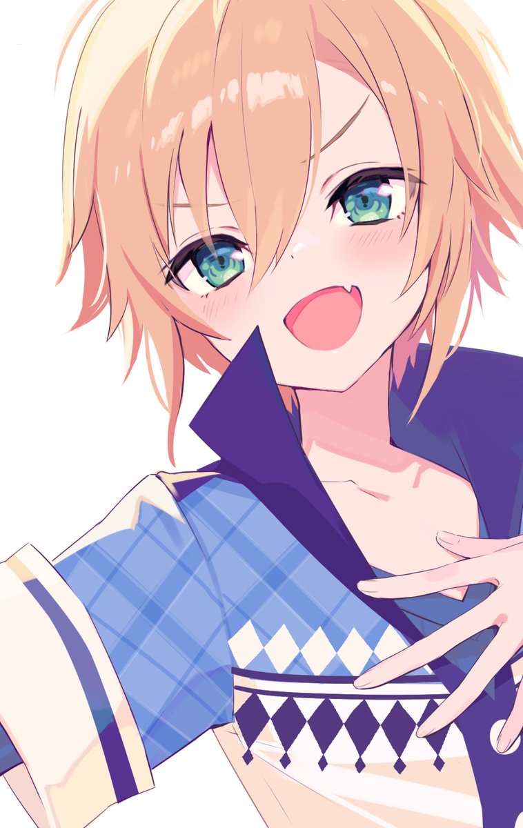 1boy male focus solo fang white background smile blonde hair  illustration images