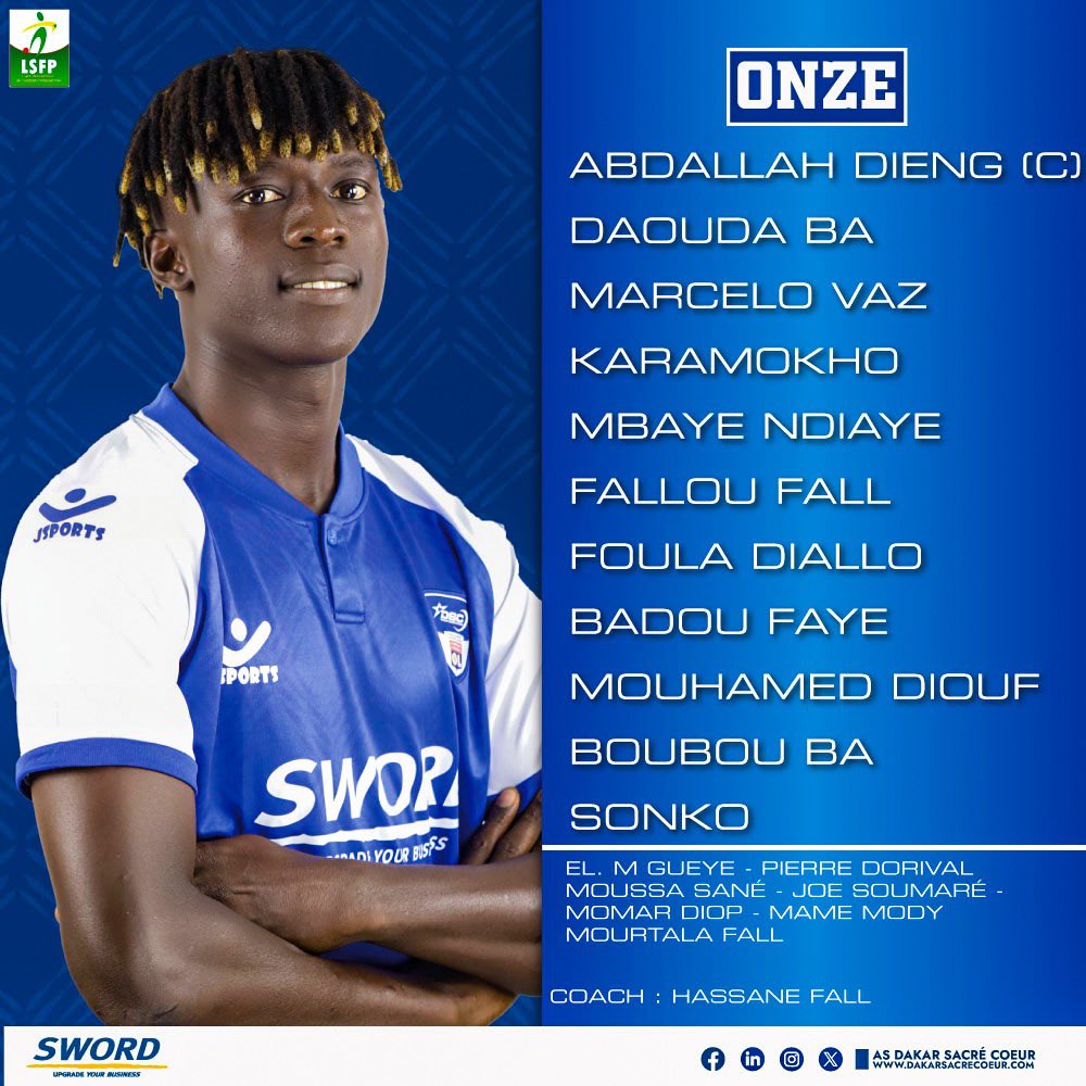 DakarSacreCoeur's tweet image. 𝙊𝙉𝙕𝙀 🔵⚪️

Les onze titulaires pour la réception du @fc_guediawaye 

#TeamDSC #DSCGFC #Ligue1 #Ligue1SN #Senegal