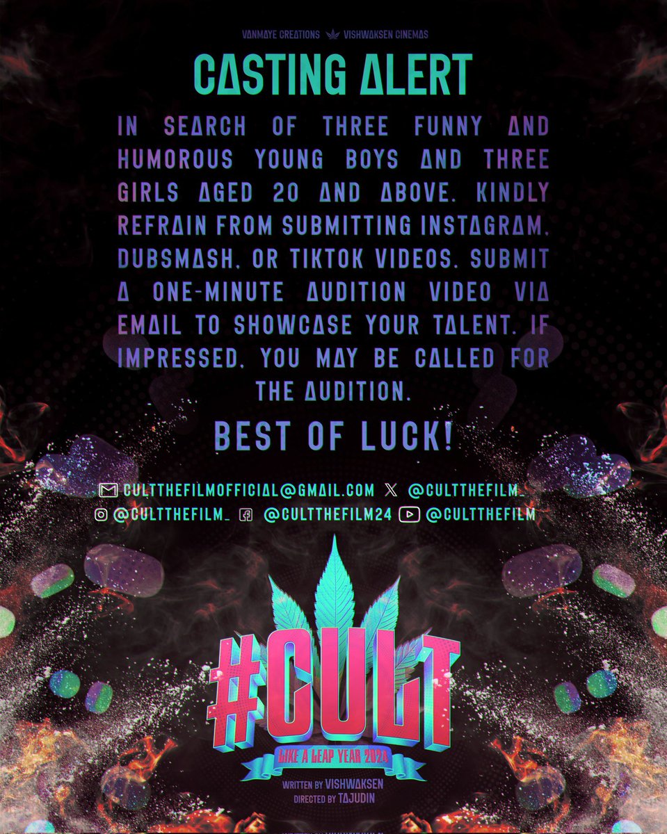 #CULT Casting Alert 🚨 To all the TALENTED JANATHA out there, Join team @CultTheFilm_ 🔥 Send in your details to the mail id! ✉️ cultthefilmofficial@gmail.com Written by Mass Ka Das @VishwakSenActor Directed by #Tajudin Produced by @VanmayeCreation @VScinemas_