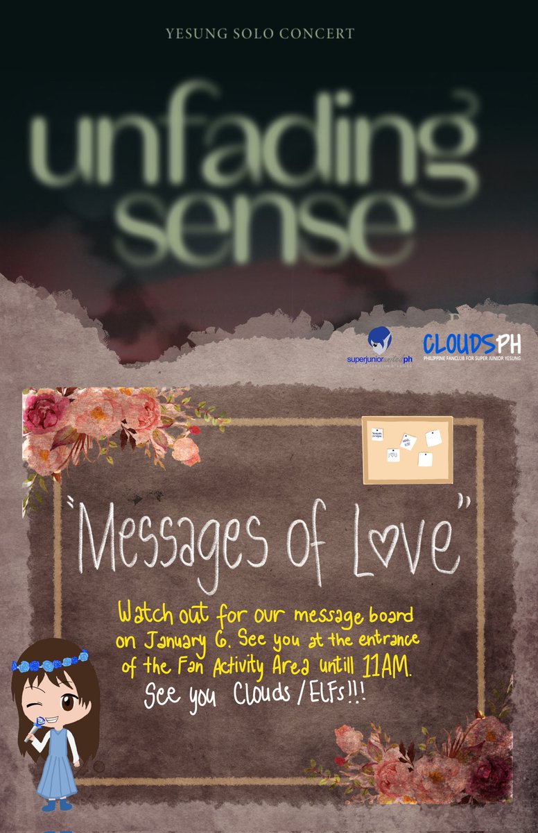 CloudsPH's tweet photo. #UnfadingSenseInManila #YesungInManila
D-Day Fanproject #9

"Messages of Love"

Heads up po for those who want to send their messages to Yesung. Agahan nyo po pumunta and if may permanent marker kayo dalhin nyo na. Para di na kayo mag wait ng turn nyo sa pen.

Visit the Fan Activity Area and the message board is only until 11am 😉

See you. 💙

Donation Link - https://t.co/7YTaUYenTc