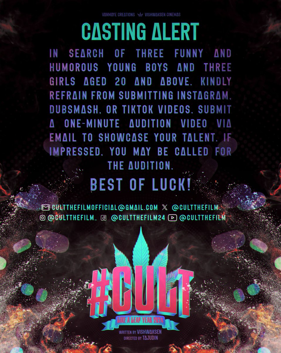 In My writing ✍️ Coming up with ' #CULT ' - A new age youthful film with all NEW TALENTED JANATHA 🔥 Directed by #Tajudin Produced by @VanmayeCreation @VScinemas_ Join team @CultTheFilm_ By Sending your details to the mail ID ✉️ cultthefilmofficial@gmail.com