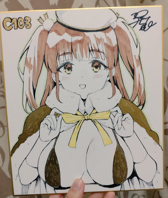 色紙は金ビキニ優ちゃんとなんかおめでたい感じな莉央さんの2枚描きました 