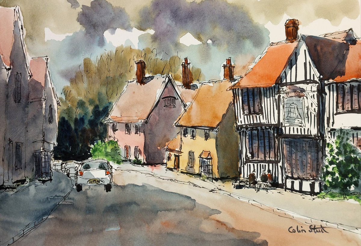 The Bell and Cottages, Kersey, Suffolk, (in the UK). This pen and colour study was painted during my visit to the lovely Suffolk village of Kersey. #colinsteedart1 #suffolkcounty #kerseyvalley #thebellkersey